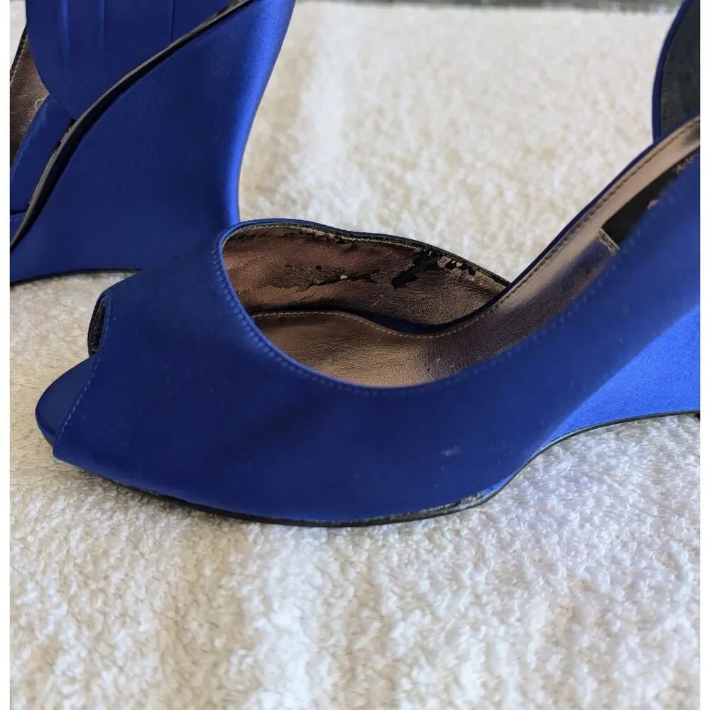 Nina New York Blue Satin Peep Toe Wedge Heels Bow Women’s 7M Formal